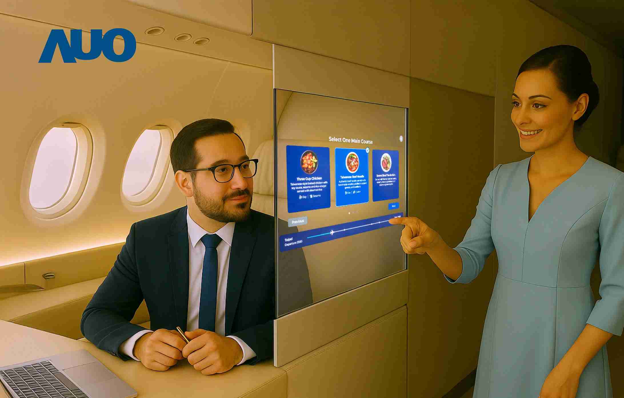 口袋牛店研发全球最薄17.3 吋双面透明 Micro LED 显示器，，可在同一屏幕之双边投射不同信息，，，创造独特的”透明化”互动；图为实时翻译交流应用情境